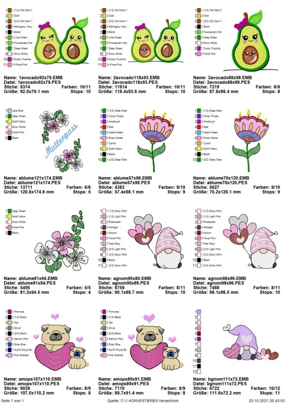 Stickdatei Set Motive zum Thema Mutterpass, Übersicht über 12 unterschiedliche Designs. 3 mal eine bzw. 2 lächelnde Avocados in grün mit braunem Kern und Accessoires; 2 mal buntes Blütenarrangement mit oder ohne Schriftzug "Mutterpass"; 2 mal einzelne bun